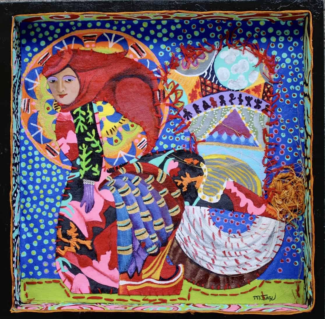 An acrylic collage depicting a colorfully dressed woman.