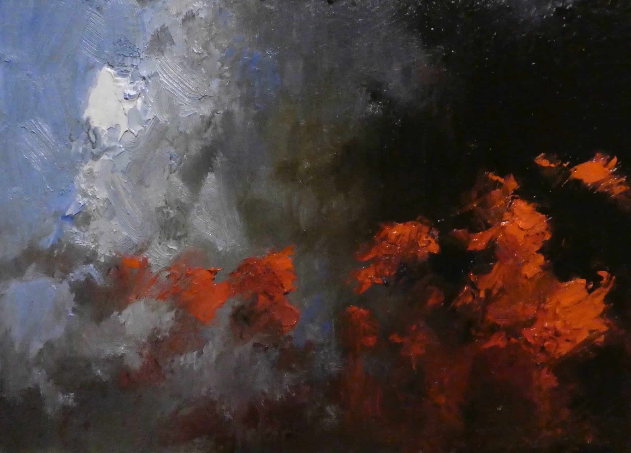 A dark painting depicting clouds, twilight, and rain.