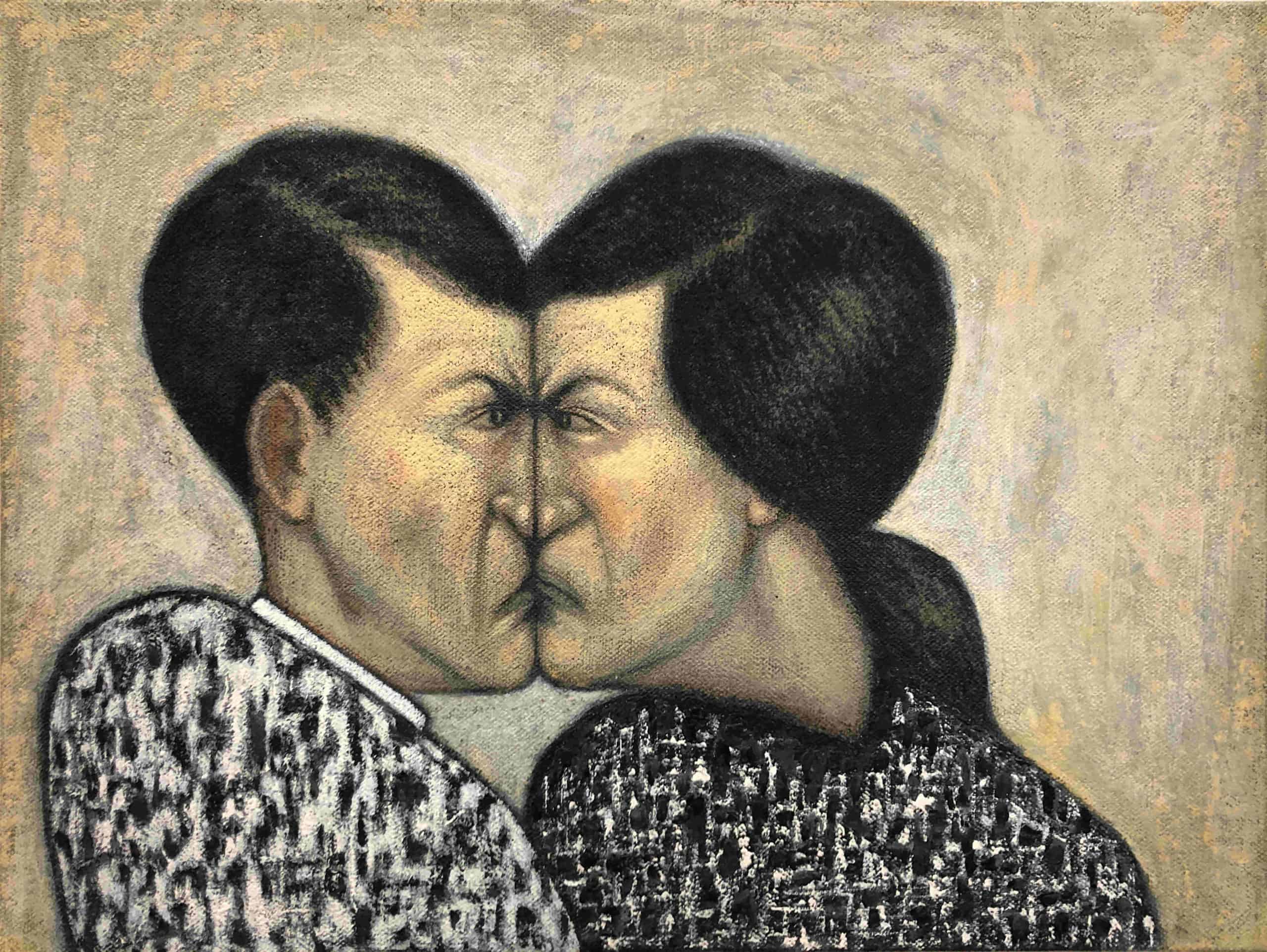 A painting of two people merging faces.