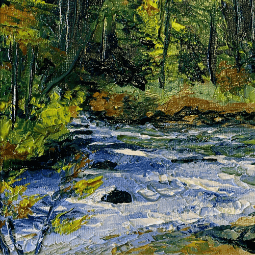 An oil painting depicting a rushing, forked creek.