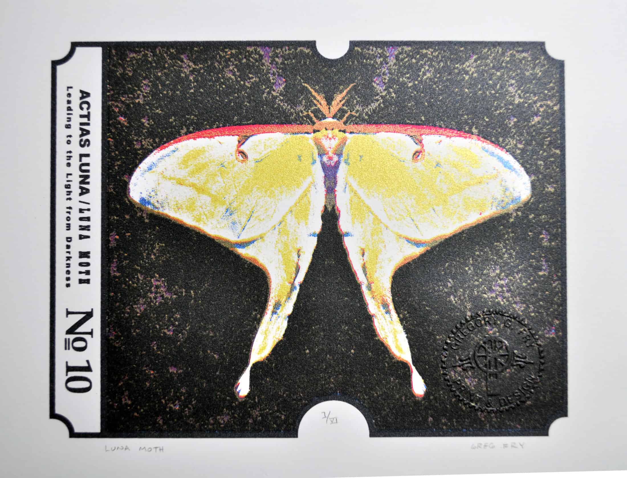 A serigraph depicting a brightly colored moth.