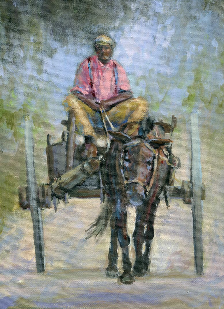 A painting depicting a man riding a mule cart.