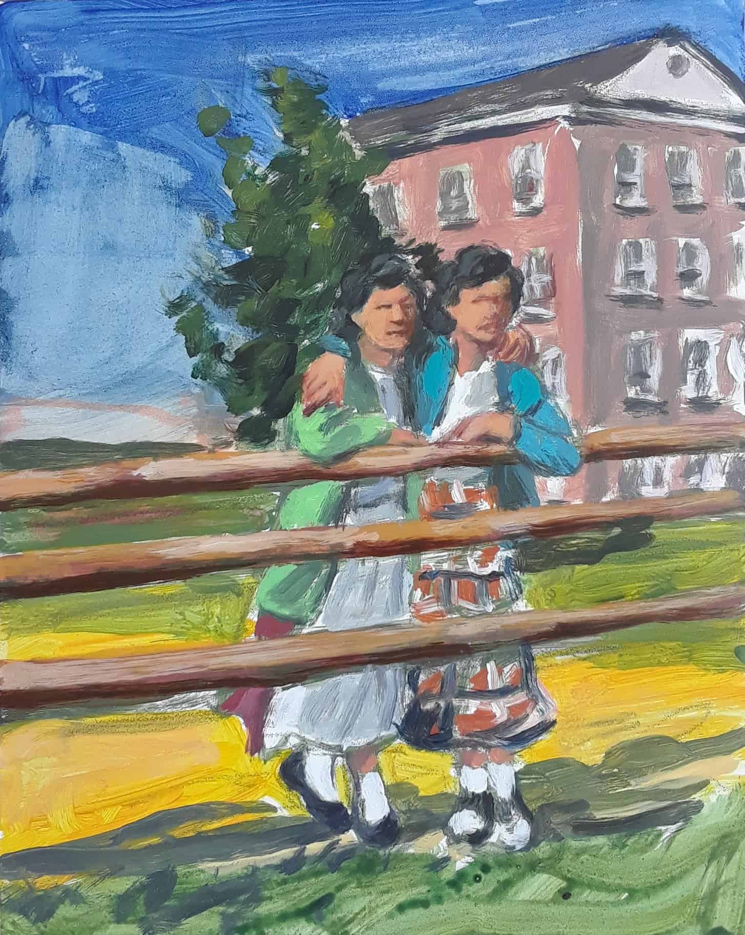 A painting of two sisters leaning on a rail.