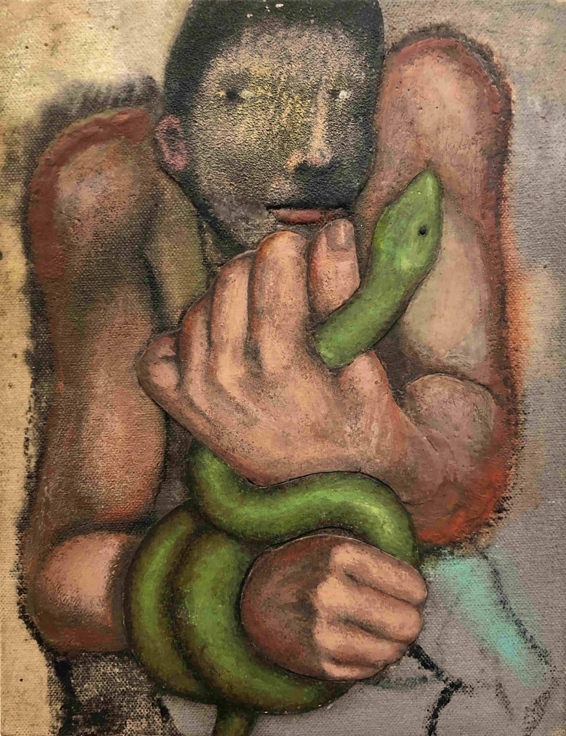 A painting of a burly man holding a snake.