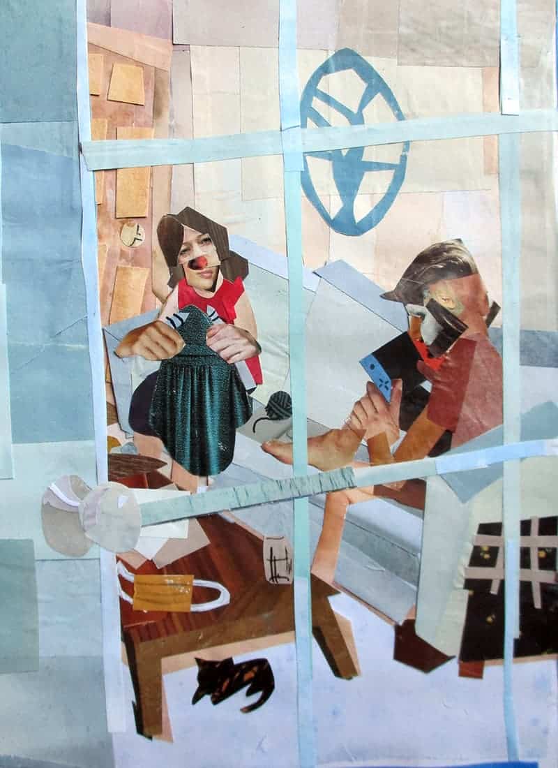 A collage depicting two people busying themselves in their home.